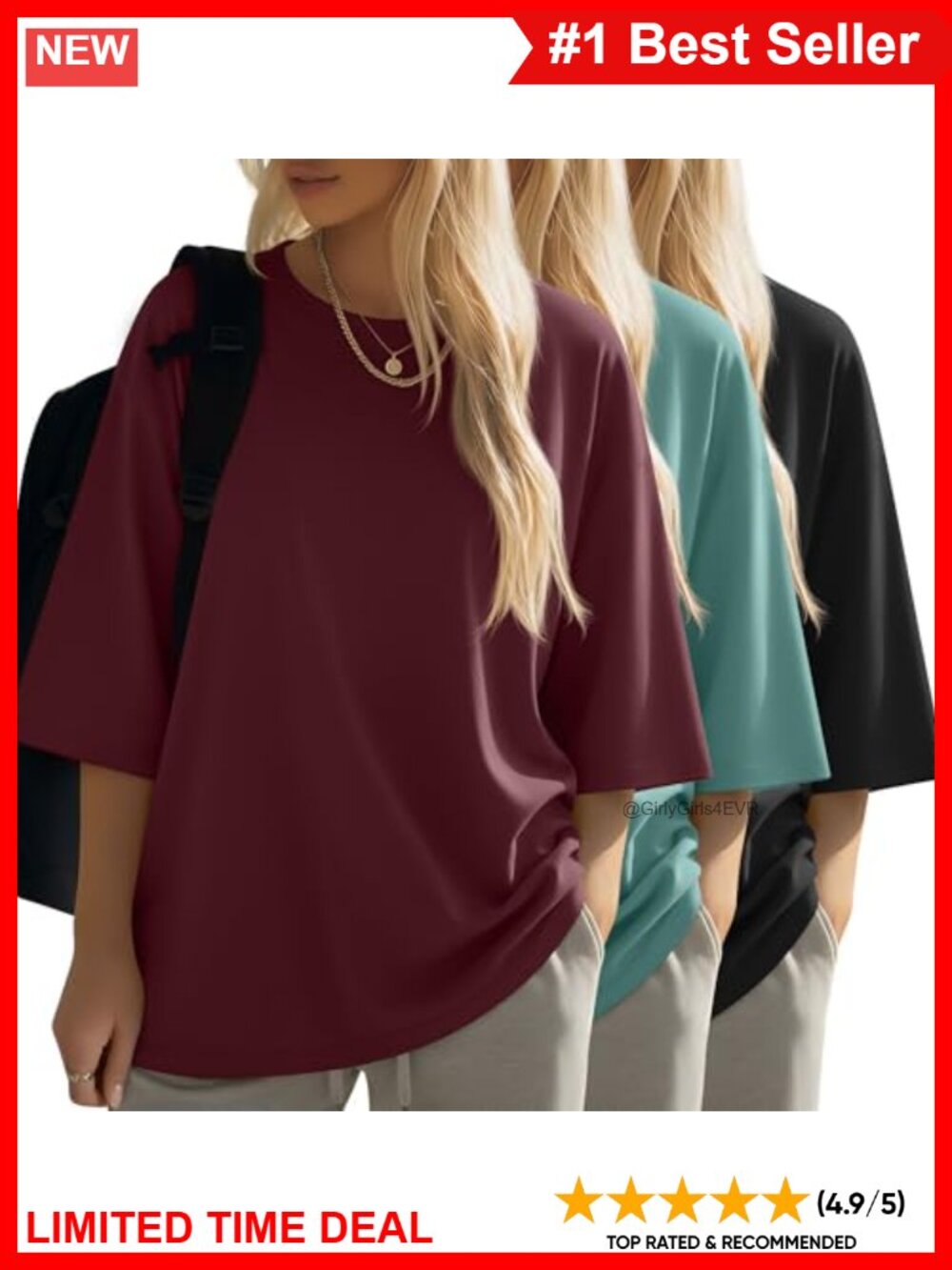 Women's 3 Pack Oversized 3/4 Sleeve Cotton Blend Crew Neck T-Shirts Loose Fit